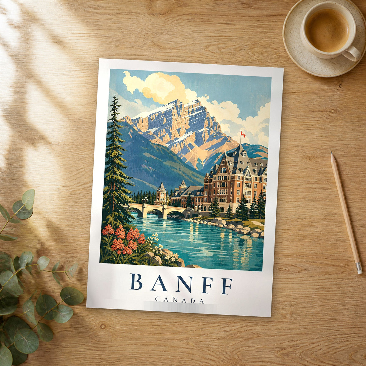 Unframed Banff Banff Springs Hotel vintage travel poster on a wooden table