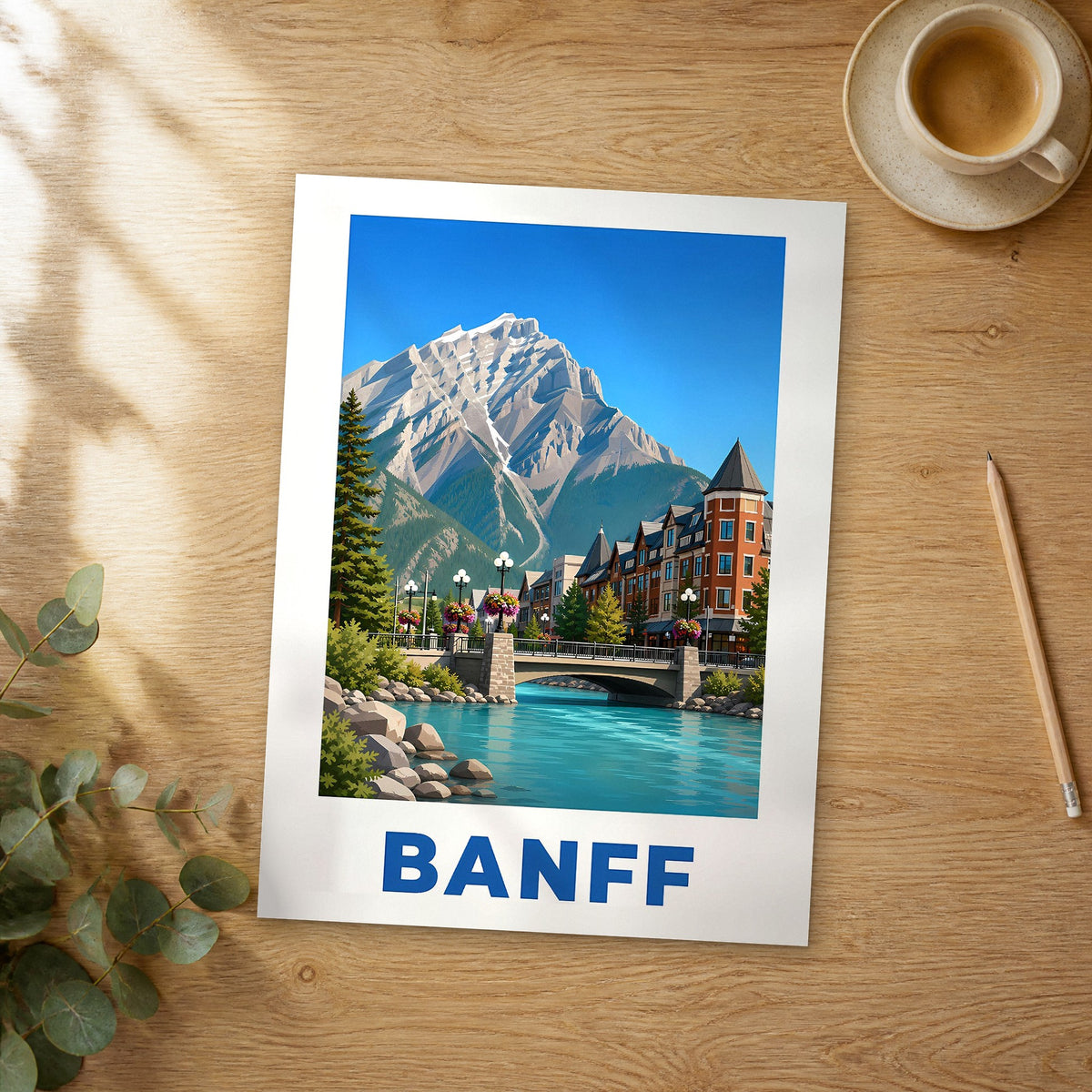 Unframed Banff Bow River Bridge modern digital travel poster on a wooden table