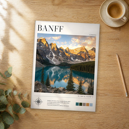 Unframed Banff Moraine Lake at Sunrise modern photography travel poster on a wooden table