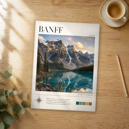 Unframed Banff Turquoise Mountain Lake modern photography travel poster on a wooden table