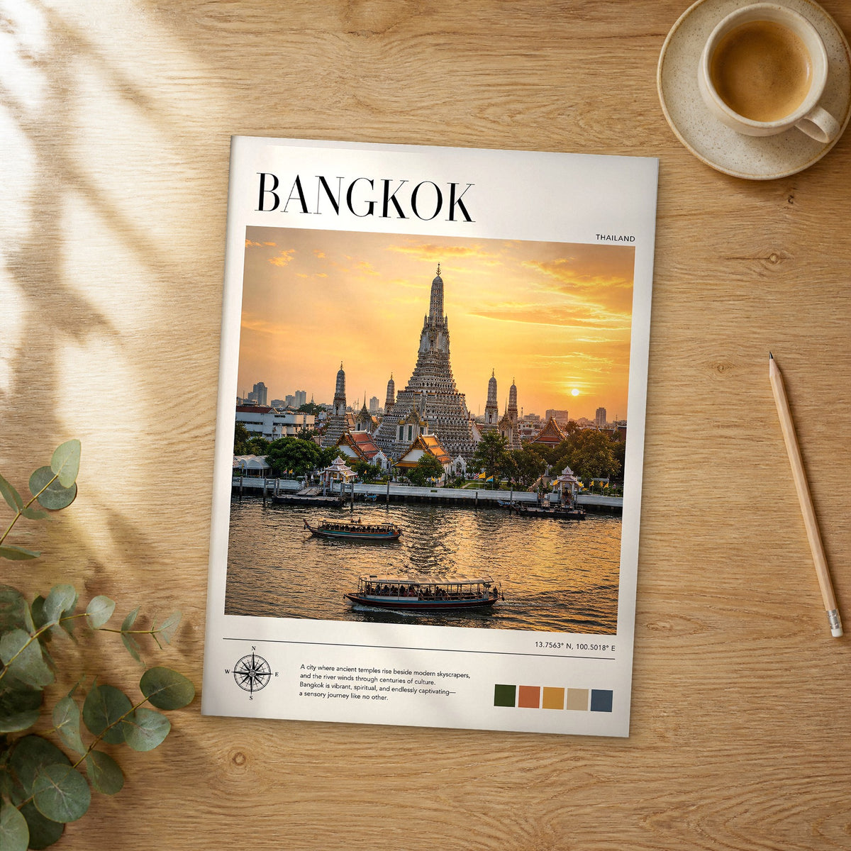 Unframed Bangkok modern photography travel poster on a wooden table