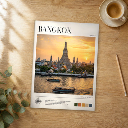 Unframed Bangkok modern photography travel poster on a wooden table