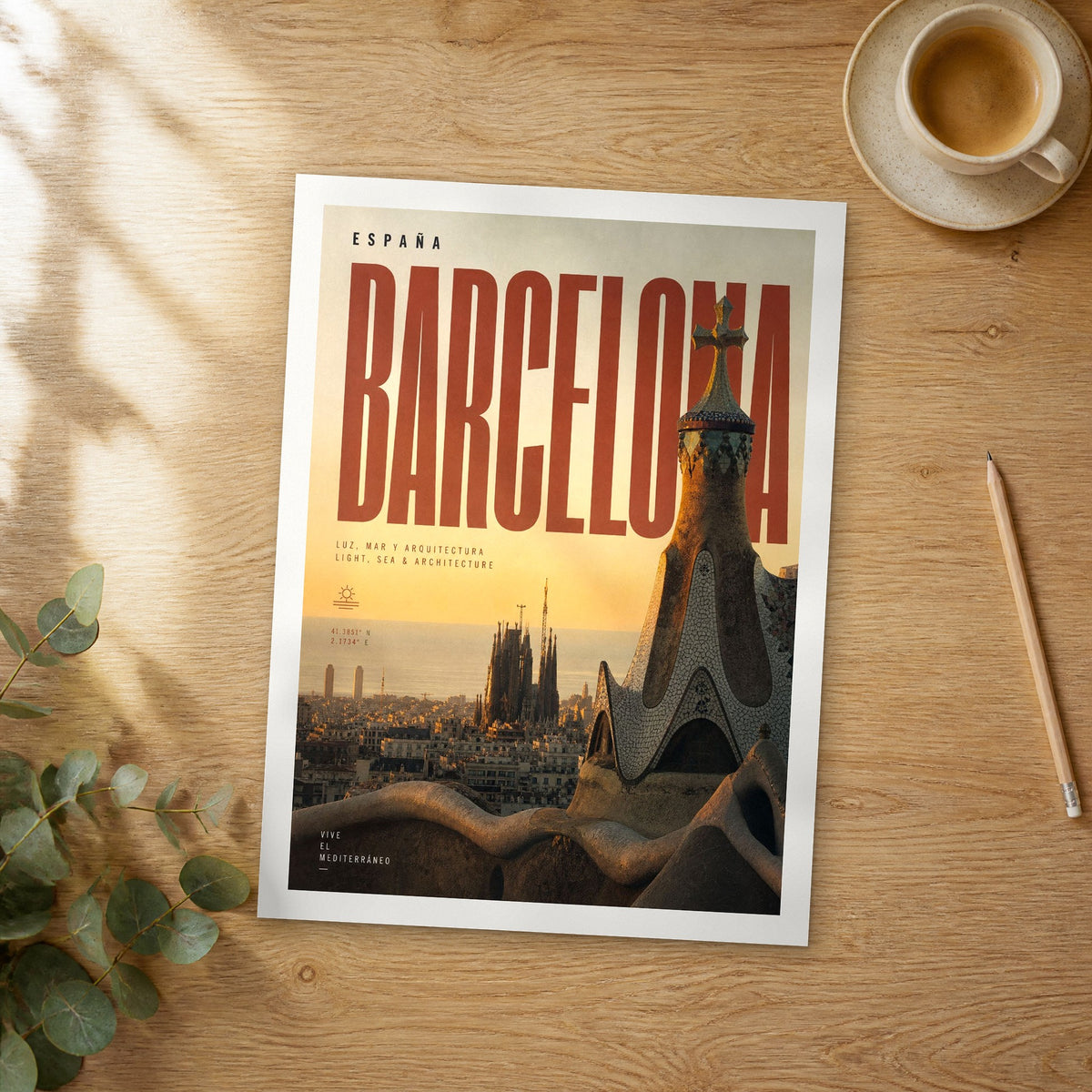 Unframed Barcelona Park Güell Rooftops bold typography travel poster on a wooden table
