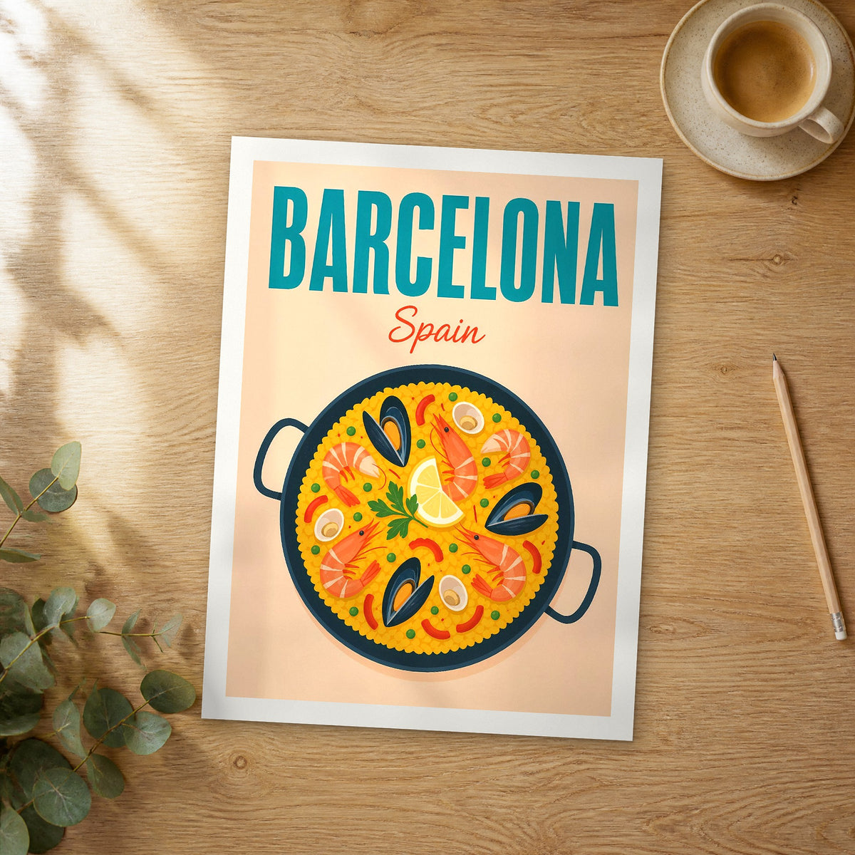 Unframed Barcelona pop art travel poster on a wooden table
