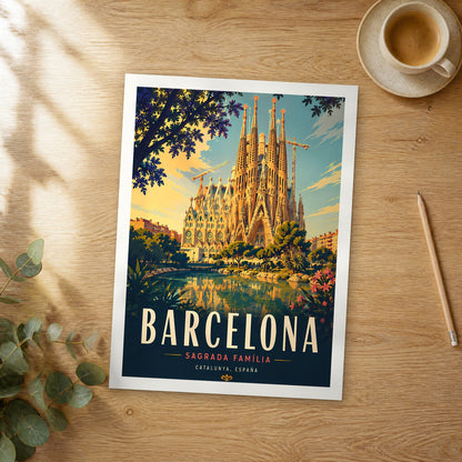 Unframed Barcelona Sagrada Família retro travel poster on a wooden table