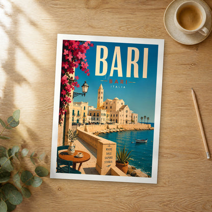 Unframed Bari retro travel poster on a wooden table