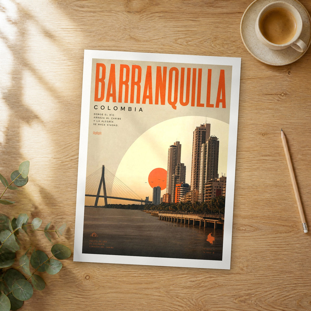 Unframed Barranquilla bold typography travel poster on a wooden table