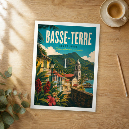 Unframed Basse-Terre retro travel poster on a wooden table