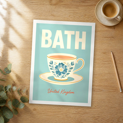 Unframed Bath Blue Floral Teacup pop art travel poster on a wooden table