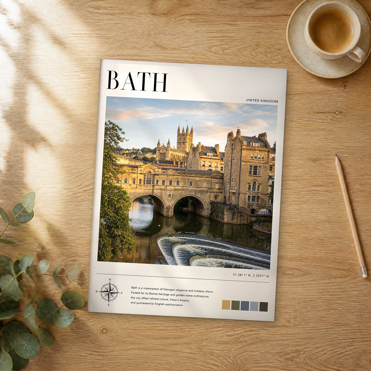 Unframed Bath Pulteney Bridge and Abbey modern photography travel poster on a wooden table