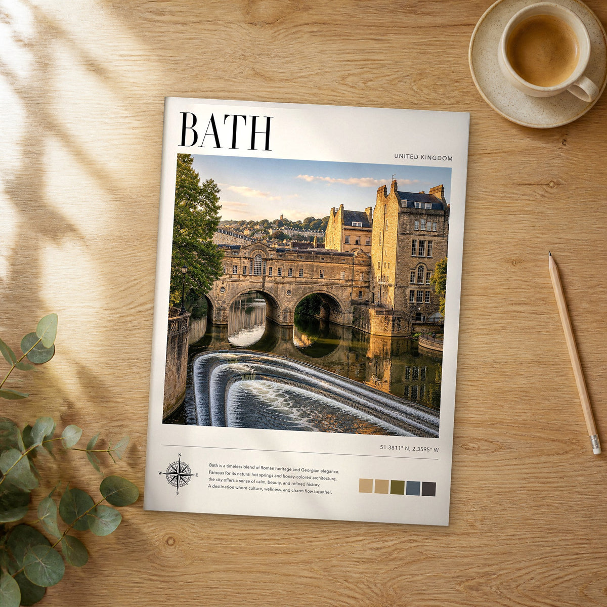 Unframed Bath Pulteney Bridge Weir modern photography travel poster on a wooden table