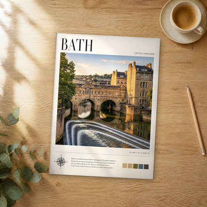 Unframed Bath Pulteney Bridge Weir modern photography travel poster on a wooden table