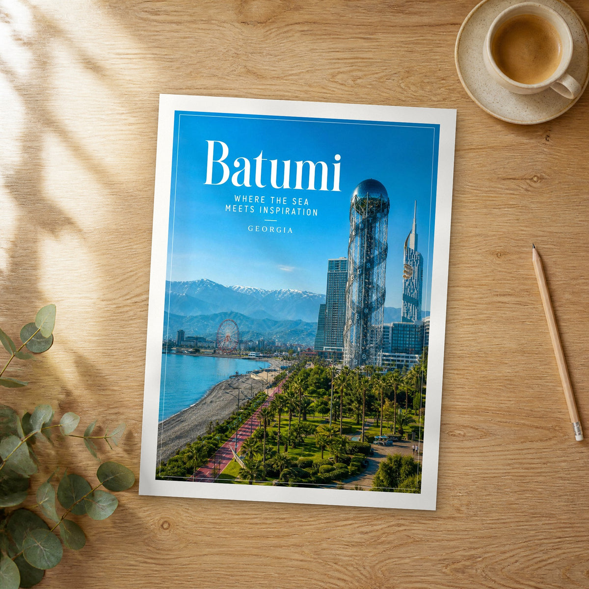Unframed Batumi editorial travel poster on a wooden table