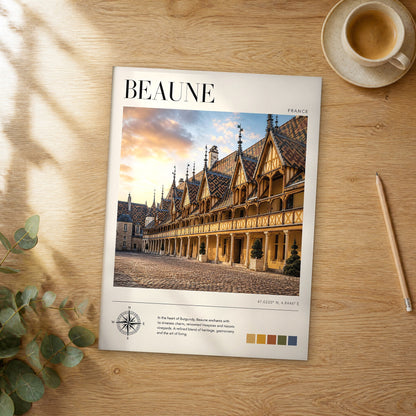 Unframed Beaune modern photography travel poster on a wooden table