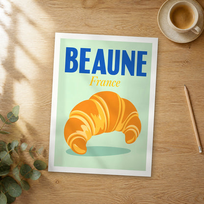 Unframed Beaune pop art travel poster on a wooden table