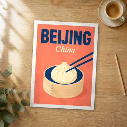 Unframed Beijing pop art travel poster on a wooden table