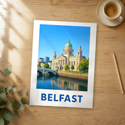 Unframed Belfast modern digital travel poster on a wooden table