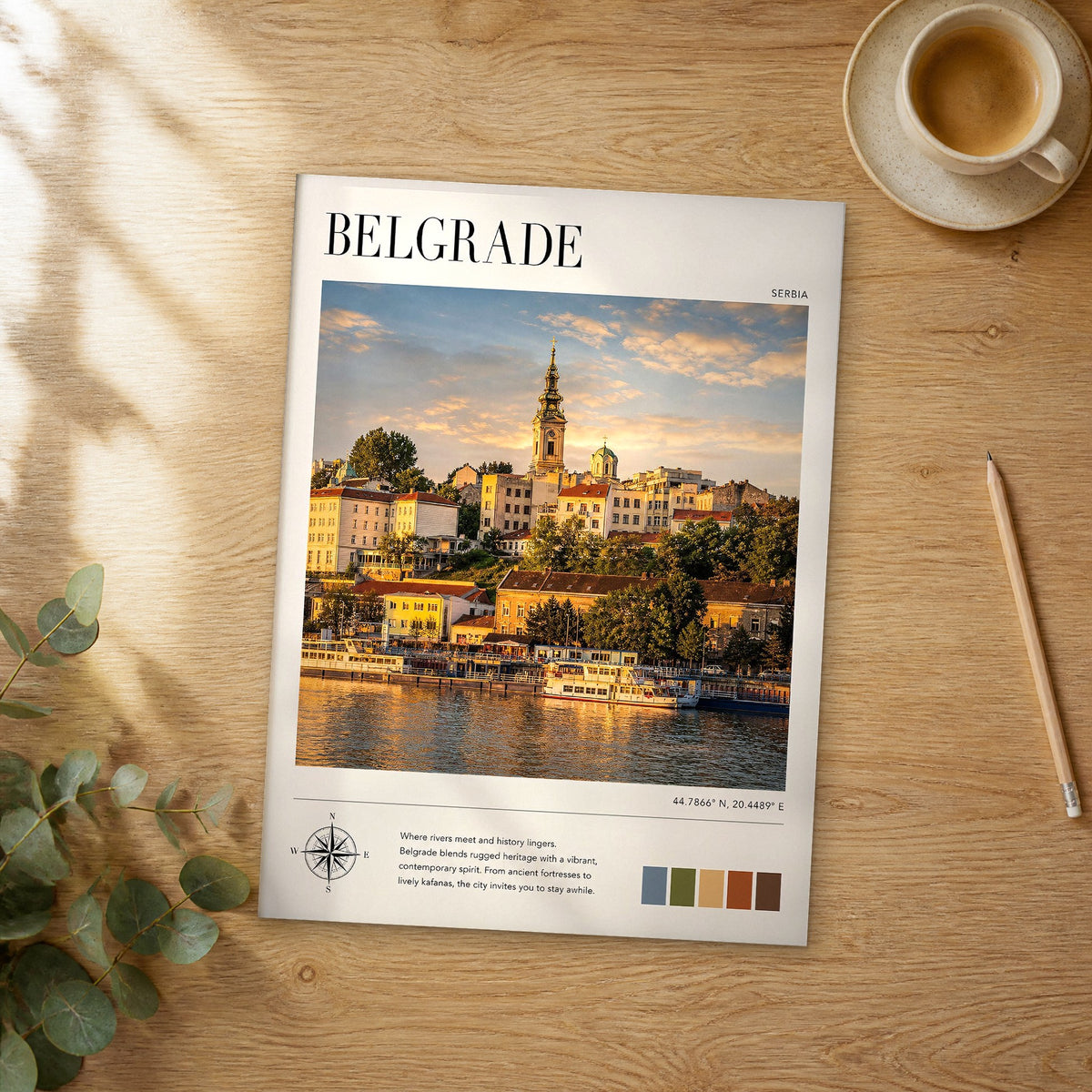Unframed Belgrade modern photography travel poster on a wooden table