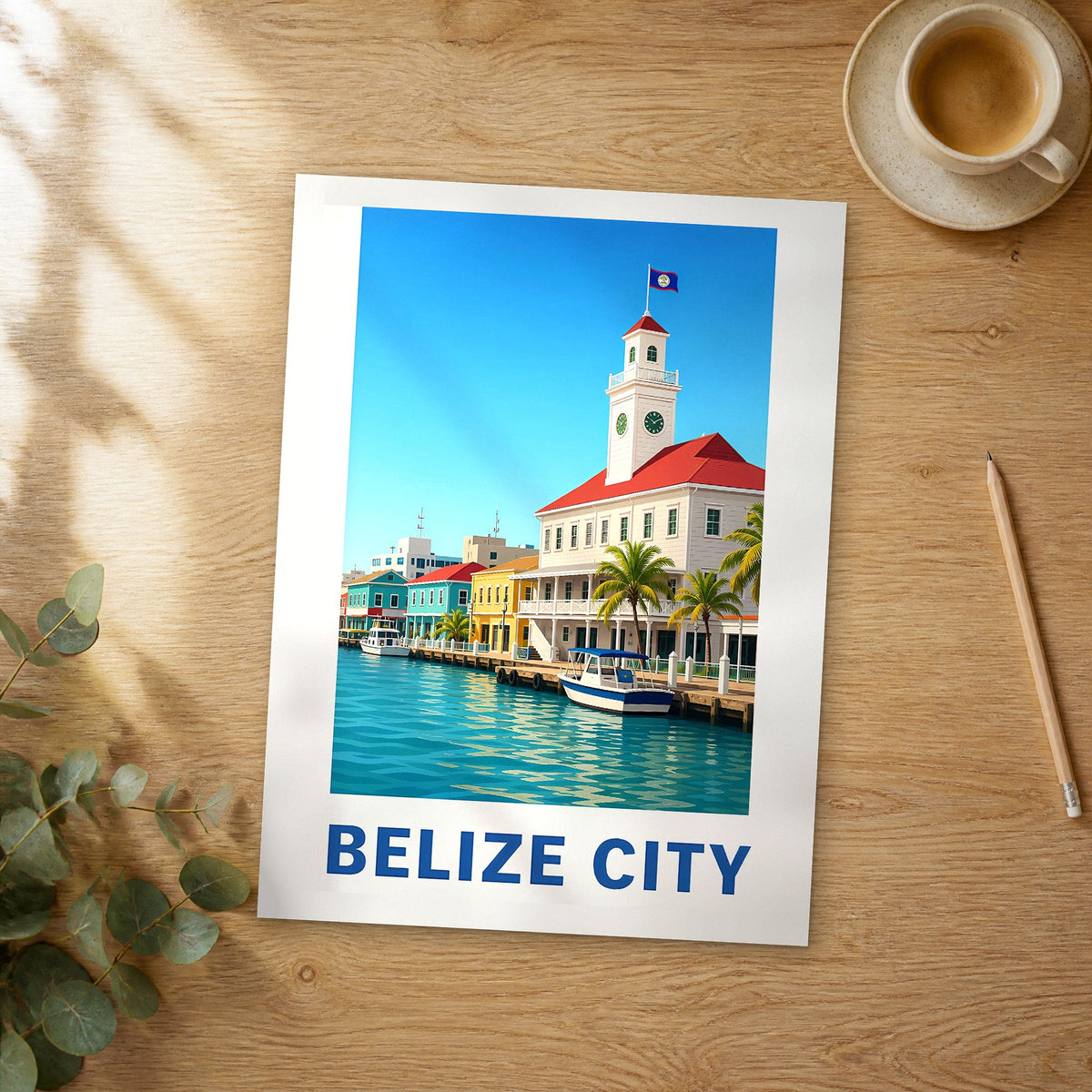 Unframed Belize City modern digital travel poster on a wooden table