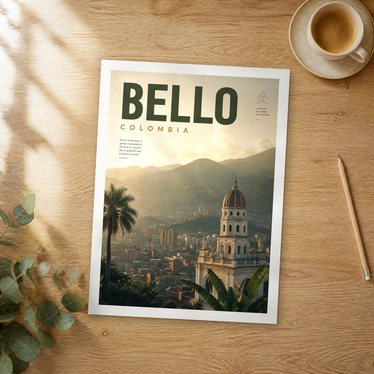 Unframed Bello bold typography travel poster on a wooden table