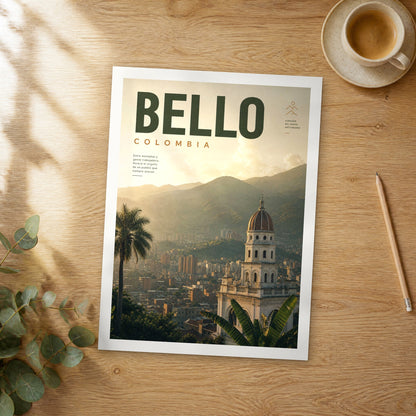 Unframed Bello bold typography travel poster on a wooden table