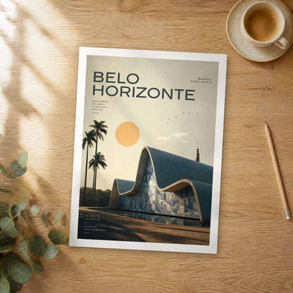 Unframed Belo Horizonte bold typography travel poster on a wooden table