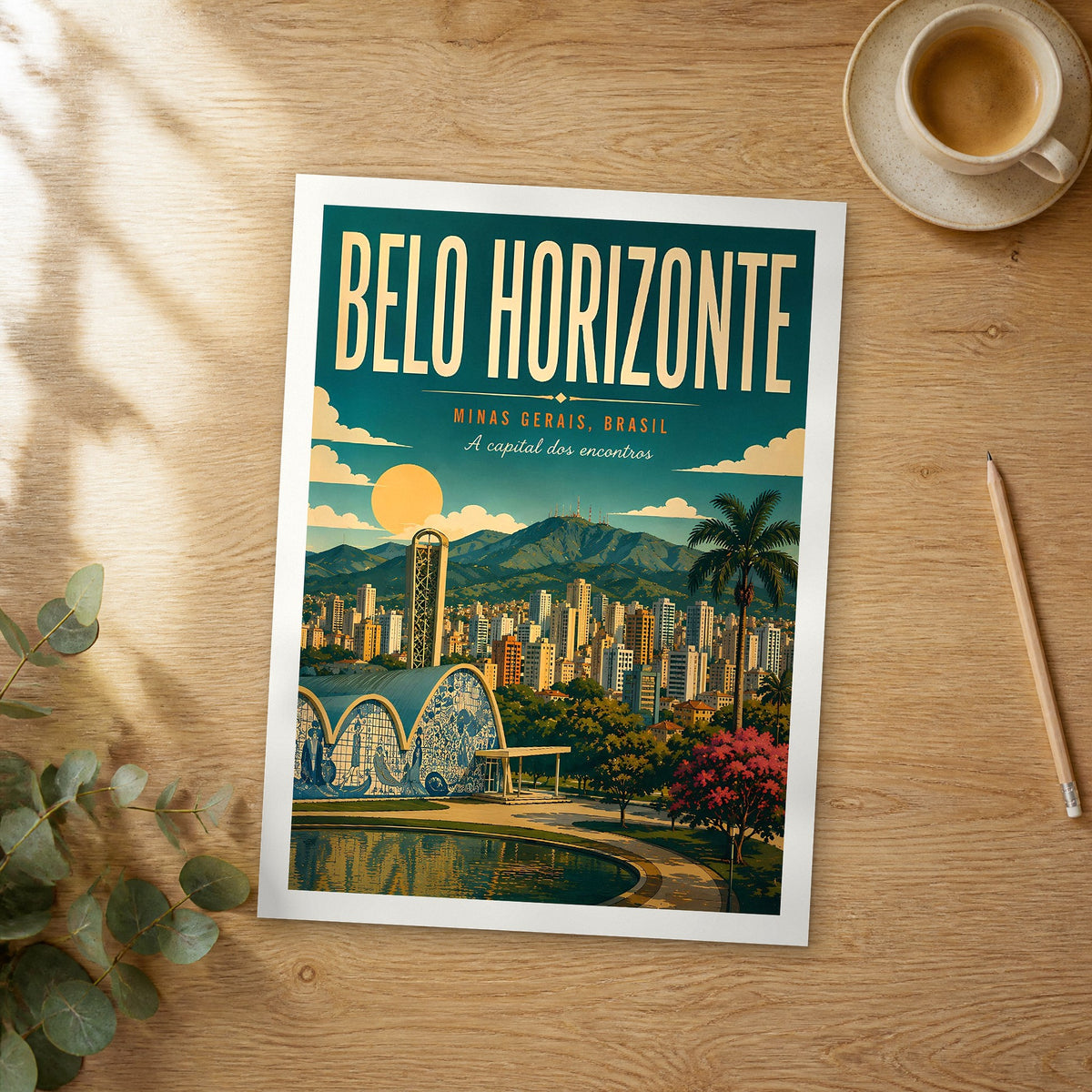 Unframed Belo Horizonte retro travel poster on a wooden table