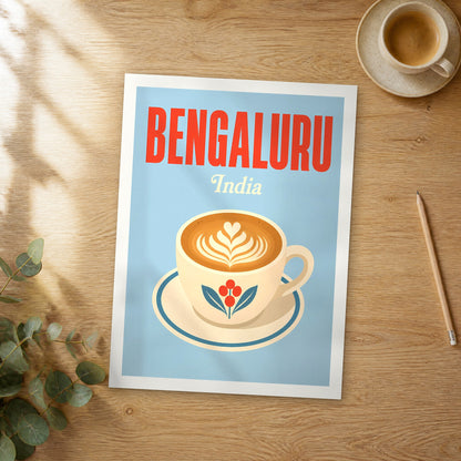 Unframed Bengaluru pop art travel poster on a wooden table
