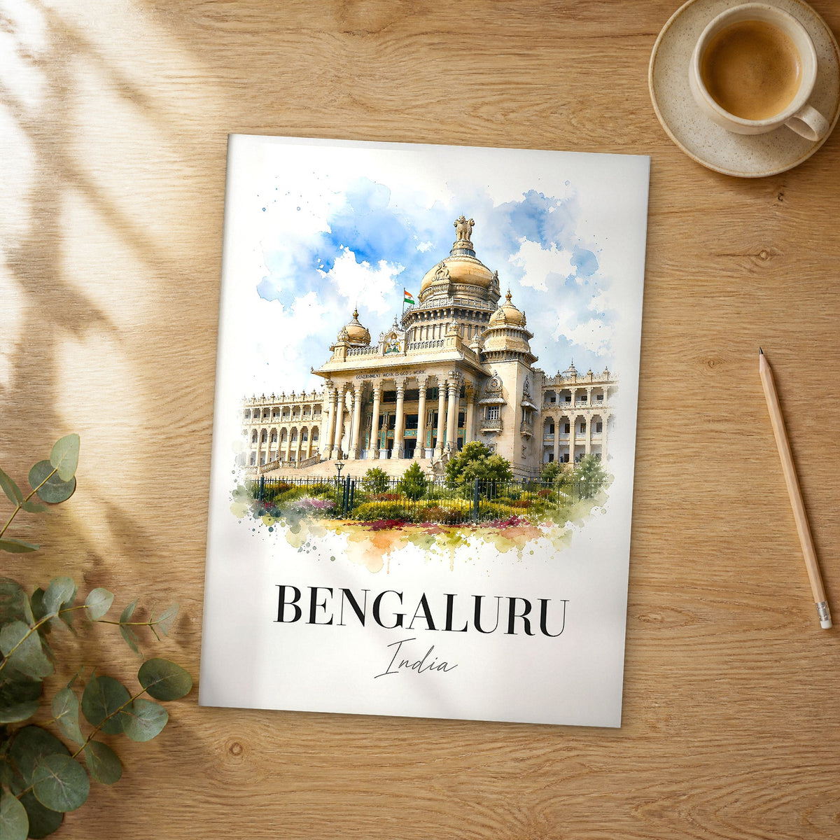 Unframed Bengaluru watercolor travel poster on a wooden table