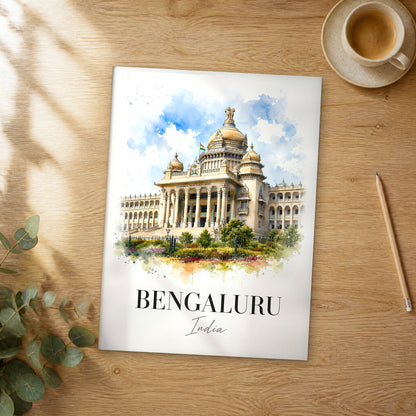 Unframed Bengaluru watercolor travel poster on a wooden table