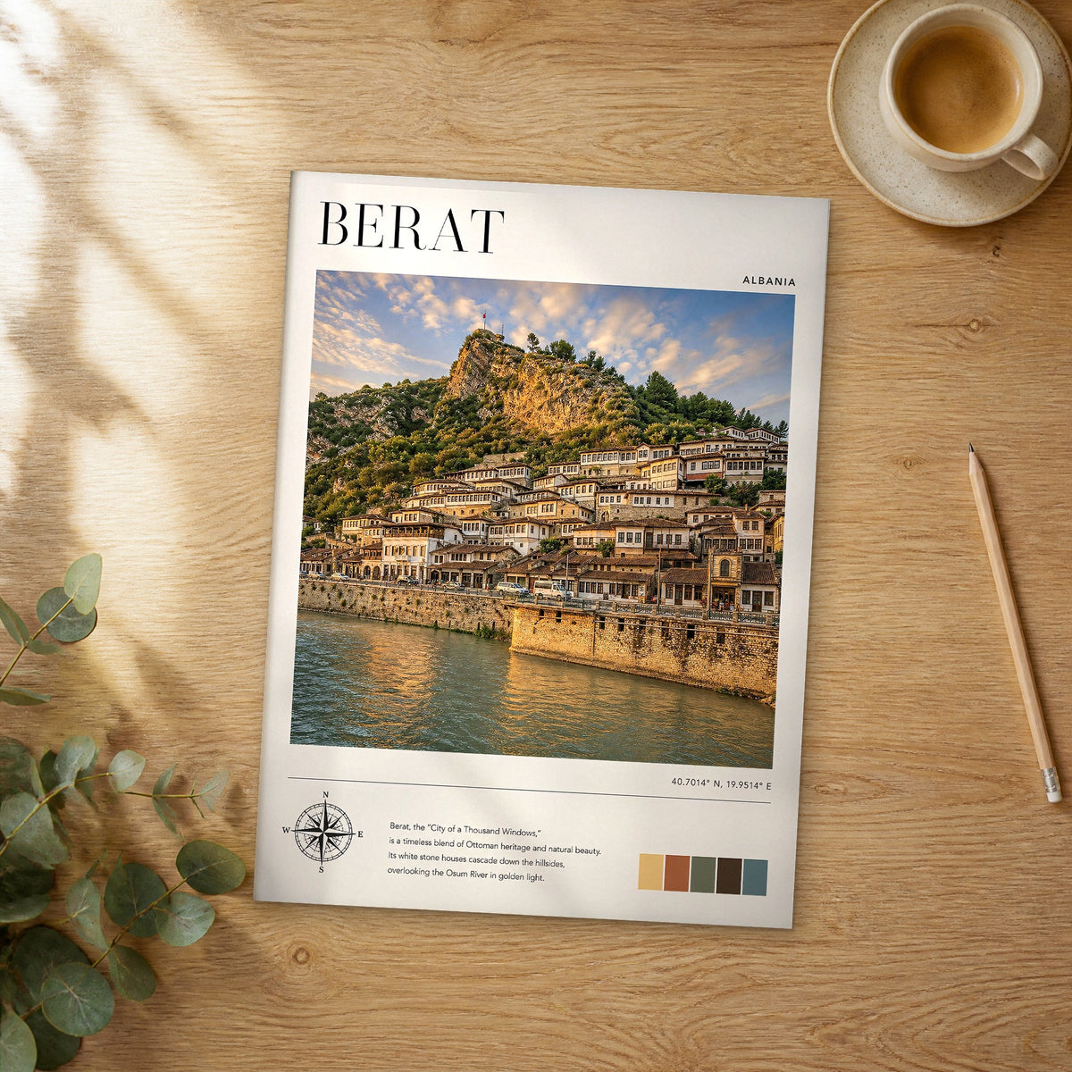 Unframed Berat modern photography travel poster on a wooden table