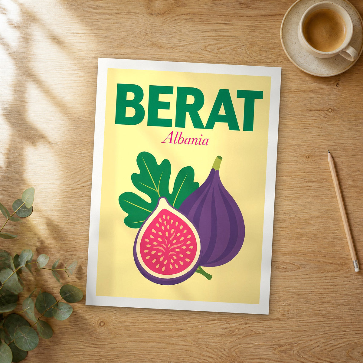 Unframed Berat pop art travel poster on a wooden table