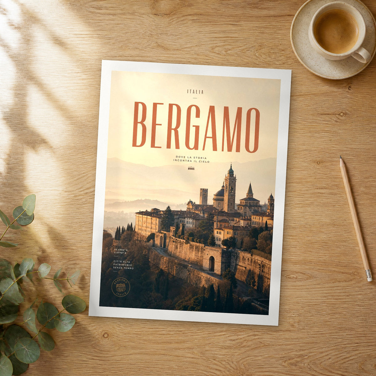 Unframed Bergamo bold typography travel poster on a wooden table