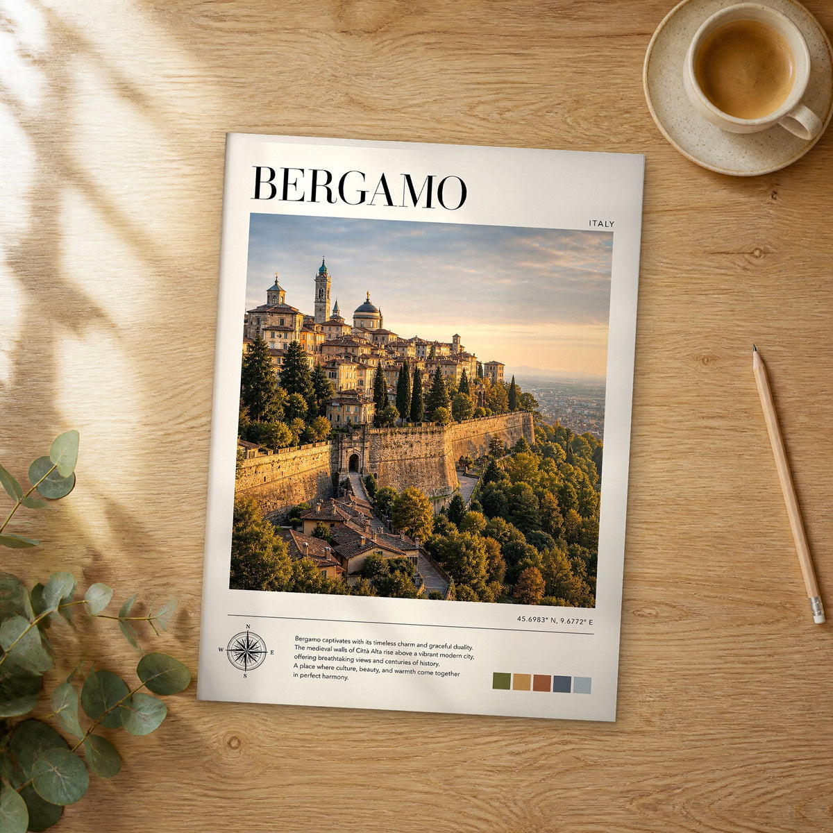 Unframed Bergamo modern photography travel poster on a wooden table