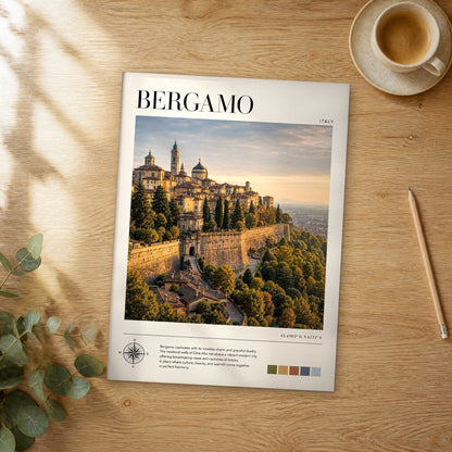 Unframed Bergamo modern photography travel poster on a wooden table