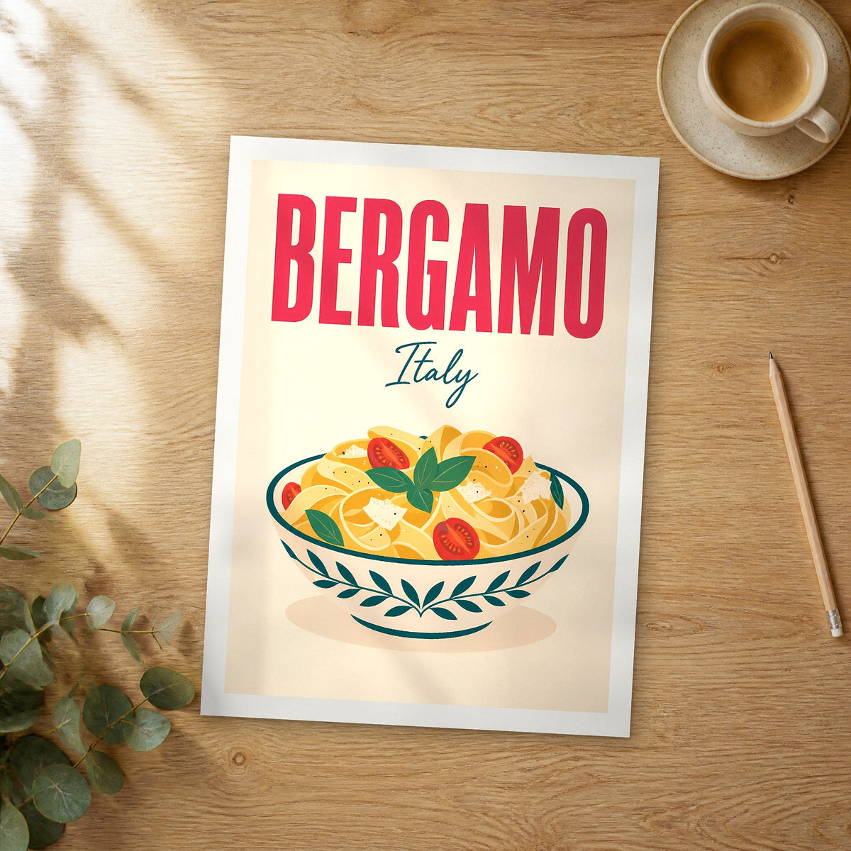 Unframed Bergamo pop art travel poster on a wooden table