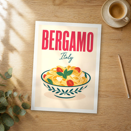 Unframed Bergamo pop art travel poster on a wooden table