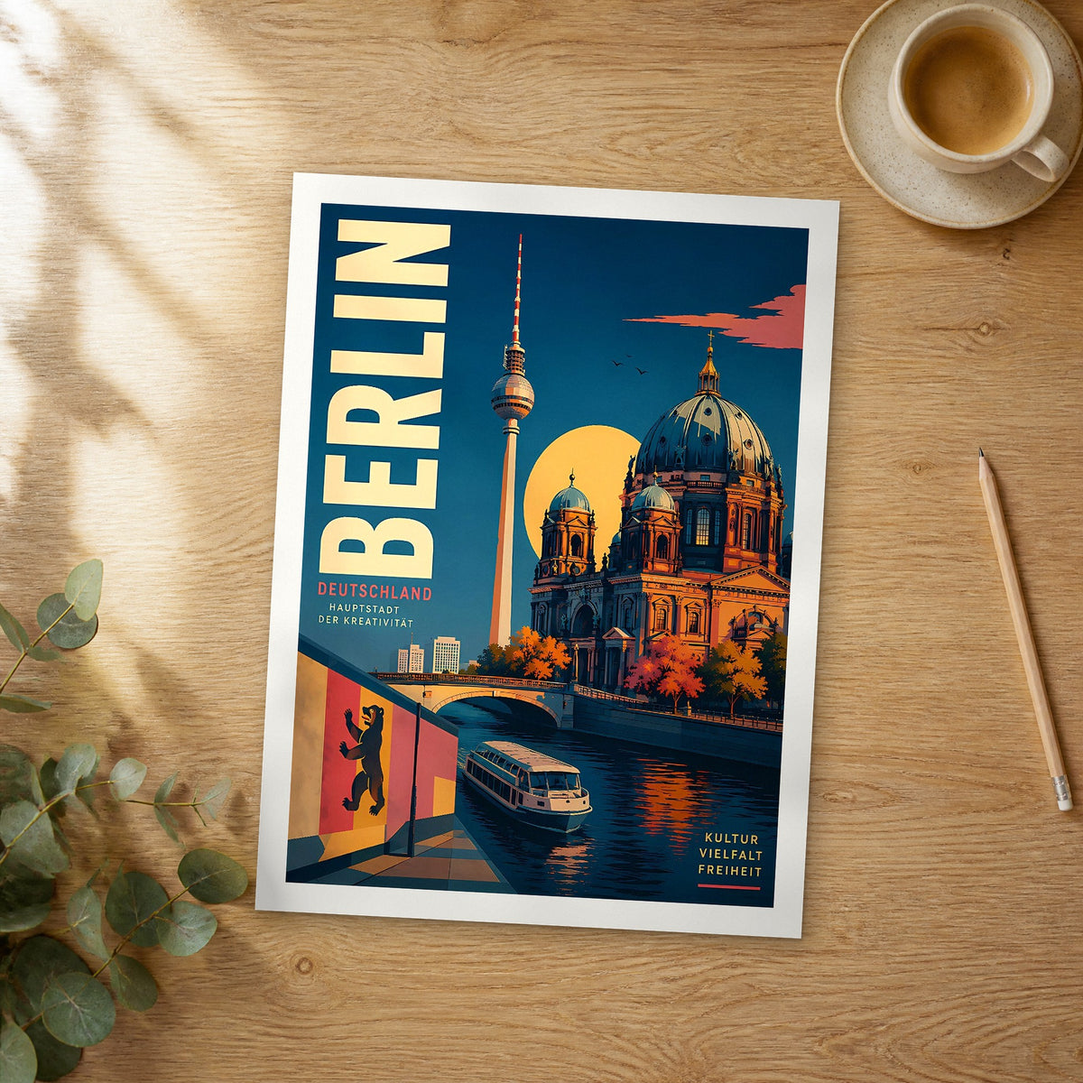 Unframed Berlin Berlin Cathedral retro travel poster on a wooden table