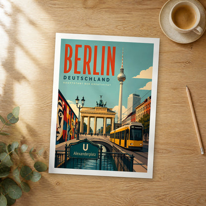 Unframed Berlin Brandenburg Gate retro travel poster on a wooden table