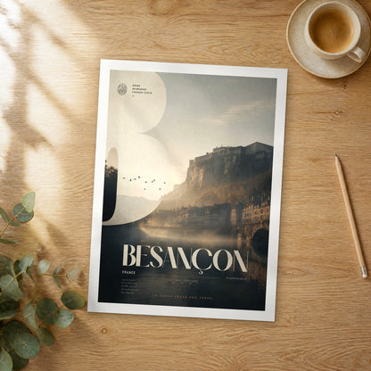 Unframed Besançon bold typography travel poster on a wooden table
