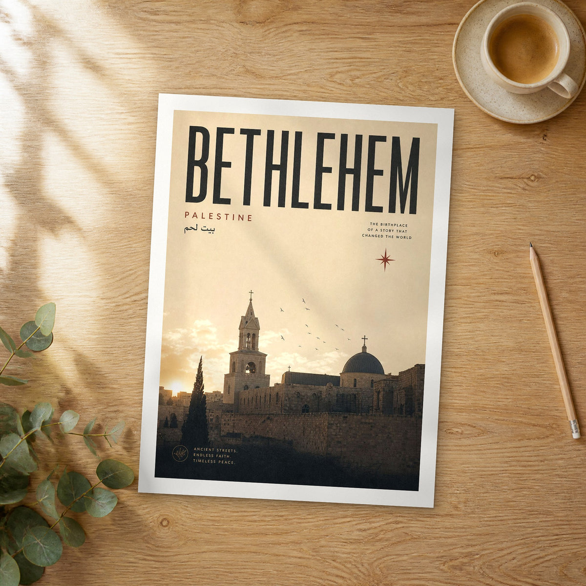 Unframed Bethlehem bold typography travel poster on a wooden table