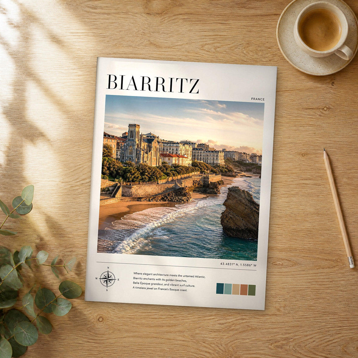 Unframed Biarritz modern photography travel poster on a wooden table