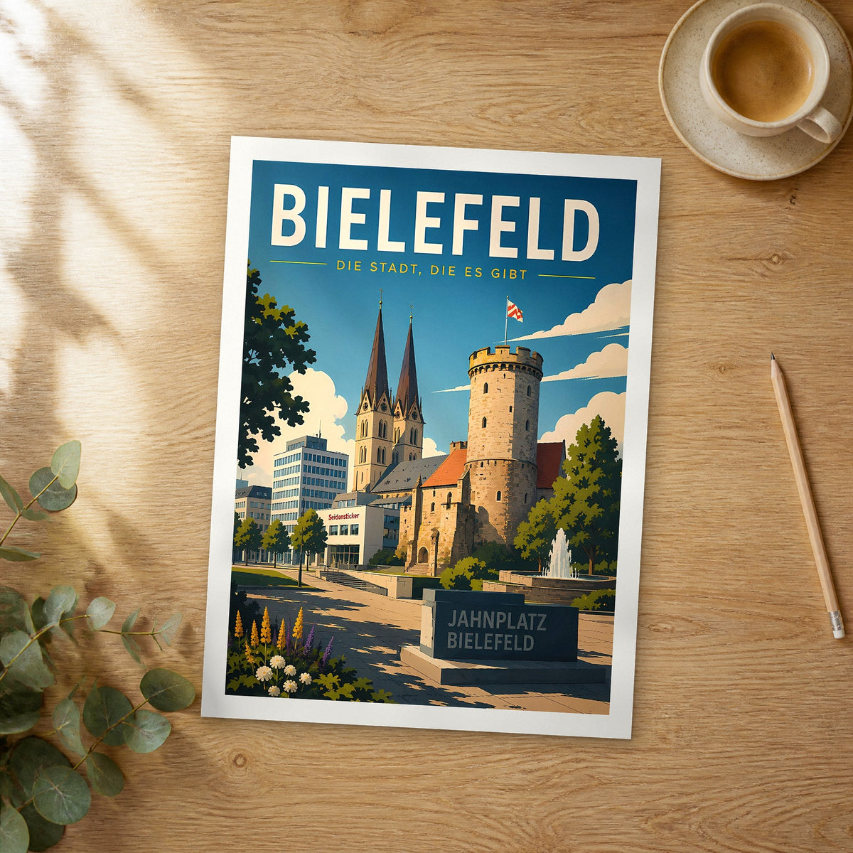 Unframed Bielefeld retro travel poster on a wooden table