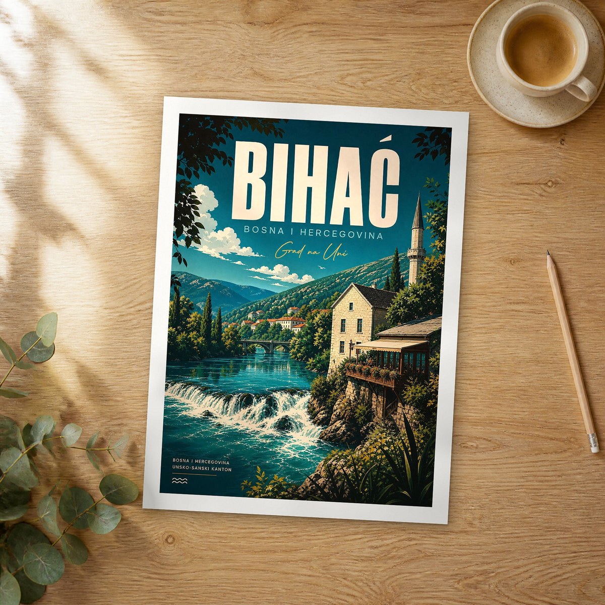 Unframed Bihać retro travel poster on a wooden table