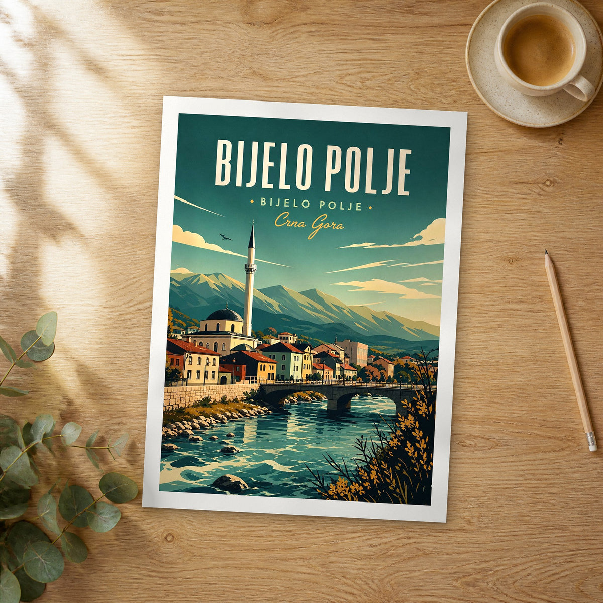 Unframed Bijelo Polje retro travel poster on a wooden table