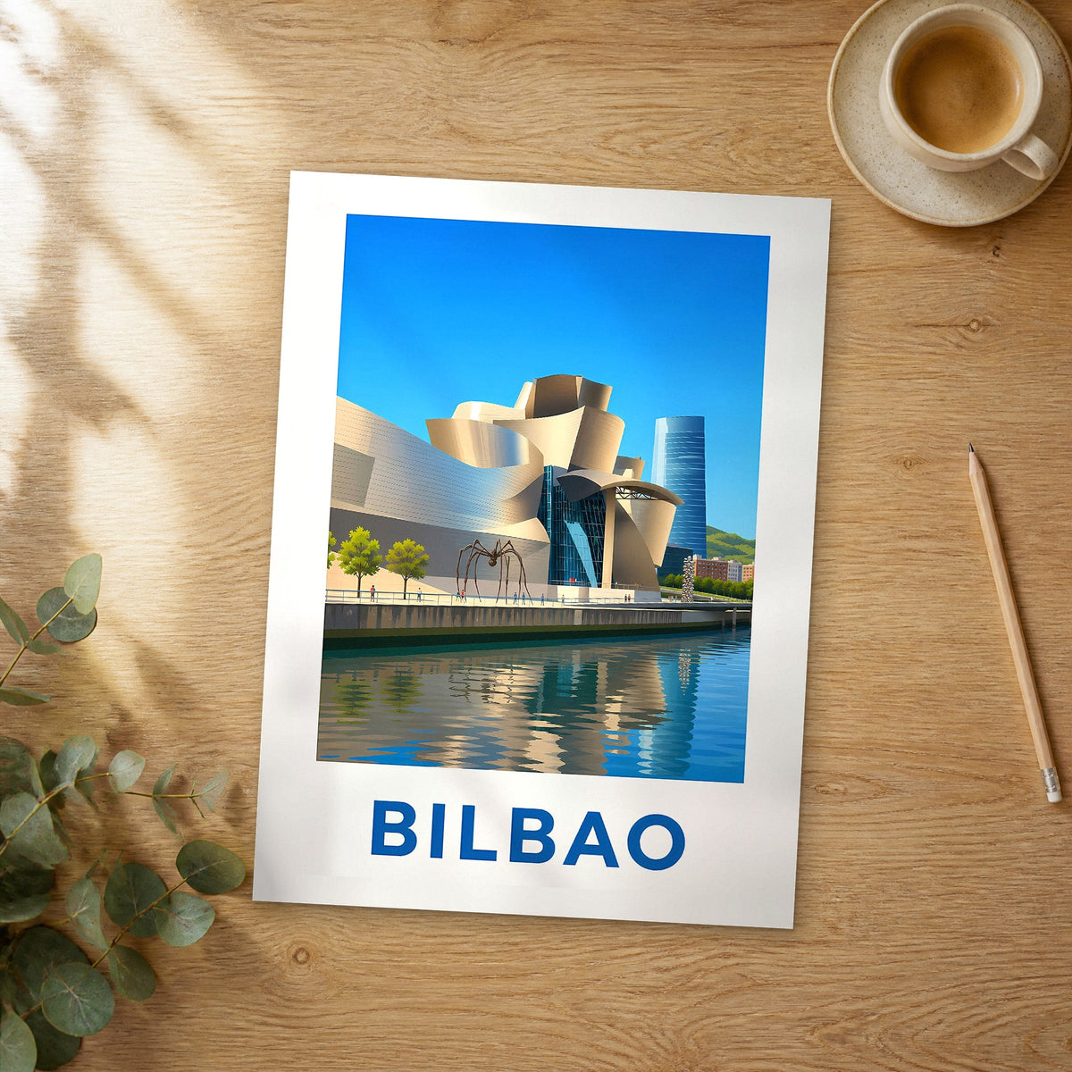 Unframed Bilbao modern digital travel poster on a wooden table