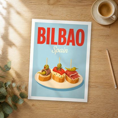 Unframed Bilbao pop art travel poster on a wooden table
