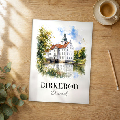 Unframed Birkerød watercolor travel poster on a wooden table