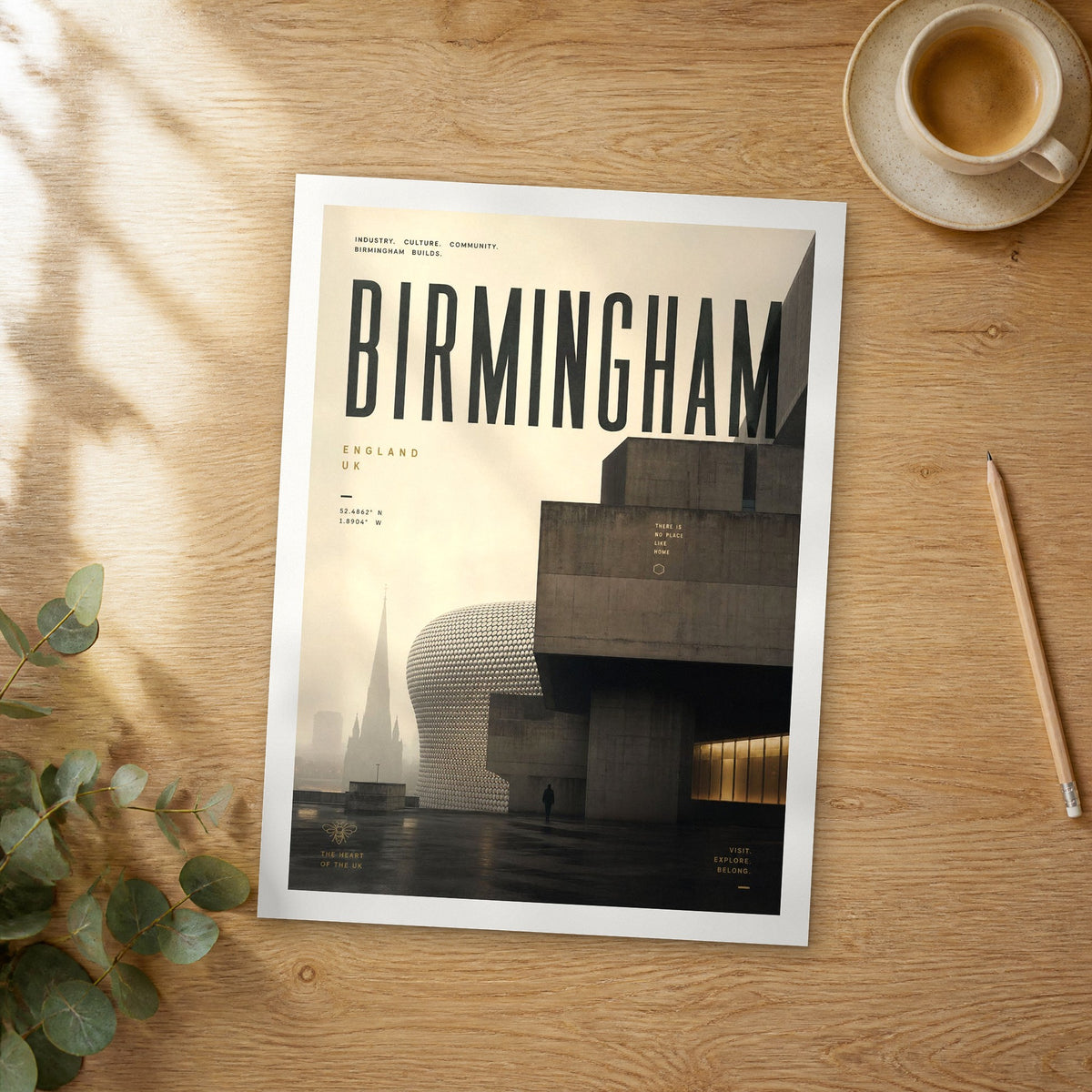 Unframed Birmingham bold typography travel poster on a wooden table