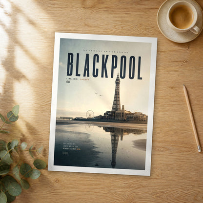 Unframed Blackpool bold typography travel poster on a wooden table